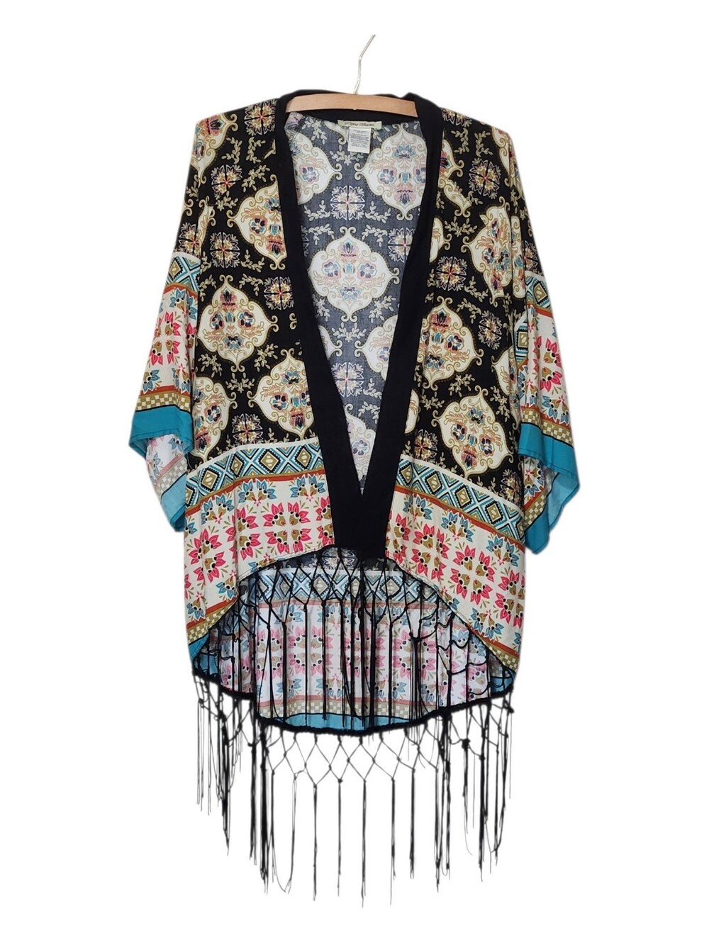 Flying Tomato Open Front Cardigan Kimono Fringe Trim Size Medium